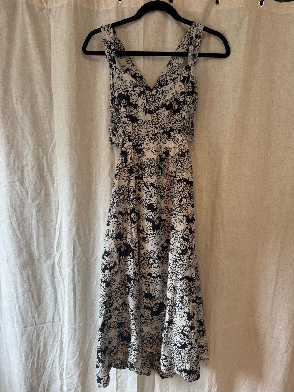 Anthropologie Black and White Floral V-Neck Midi Dress